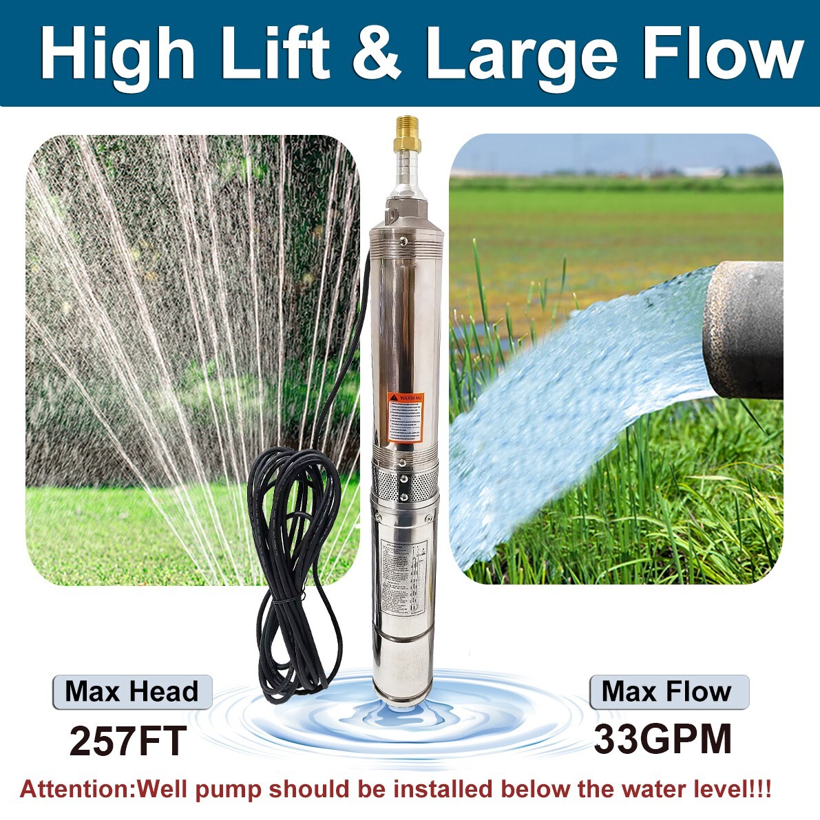 1HP 4" Deep Well Submersible Pump 220V 33GPM 257FT Max 50FT Cord Stainless Steel