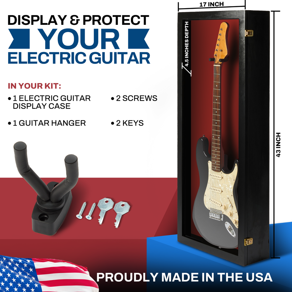 Guitar Display case/ Solid hardwood Strat/gibson Black with Red Felt Background