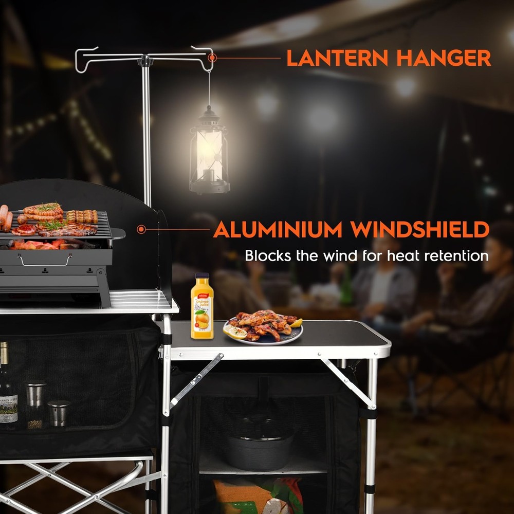 Cmaping KitchenTable, Aluminum Folding Camping Cook Station with Windshield, ...