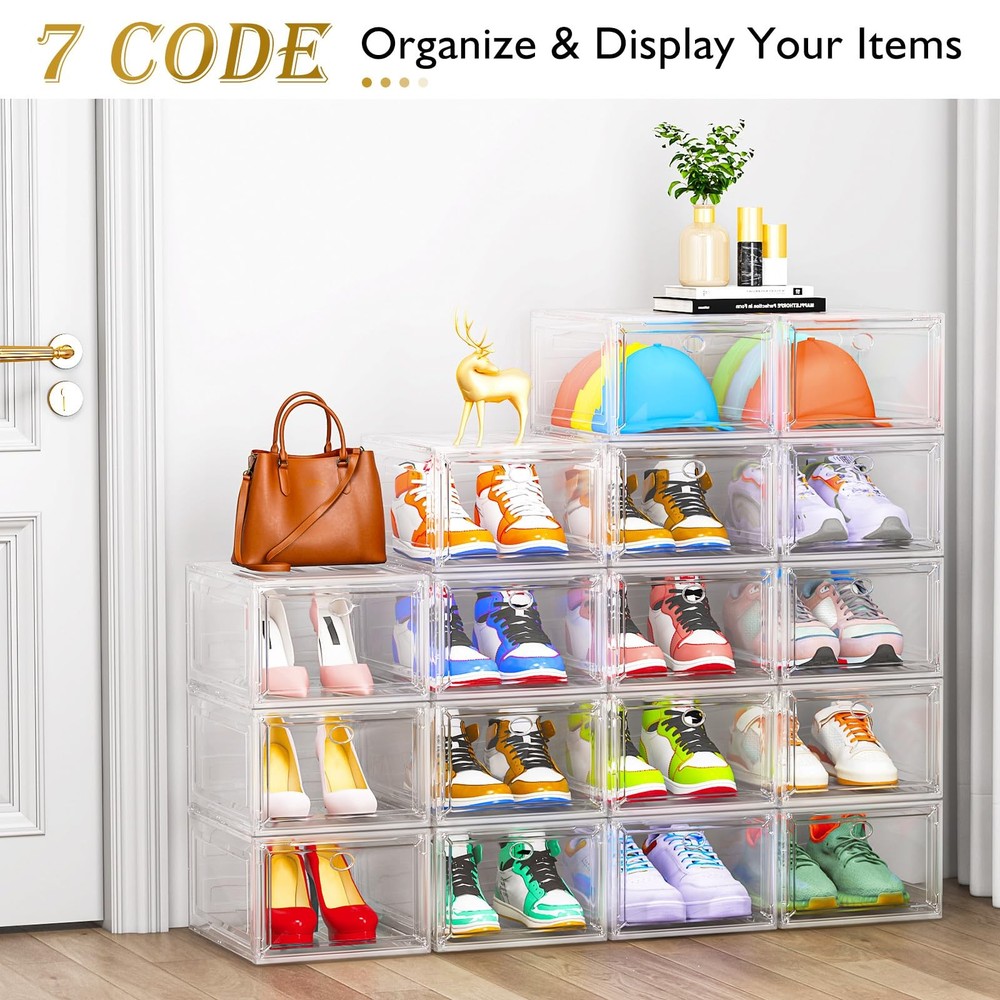 7 code Large Clear Shoe Boxes Organizer【Thicker Material】 9 pcs, White