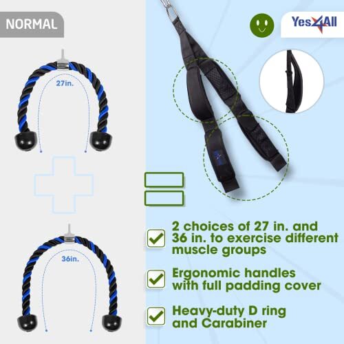 Tricep Pull Down Rope Exercise Machine Attachments Cable Anti Slip Pulldown Rope