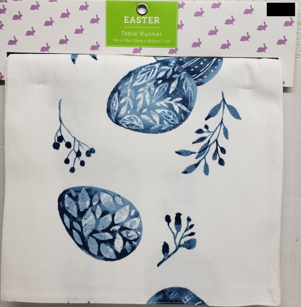 1 Fabric Printed Kitchen Table Runner (13"x72") BLUE EASTER EGGS & LEAVES