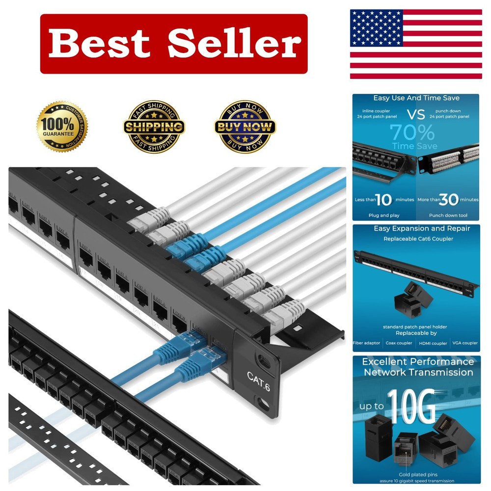 24 Port Cat6 Patch Panel with 10G Support - Effortless Installation & Upgrades