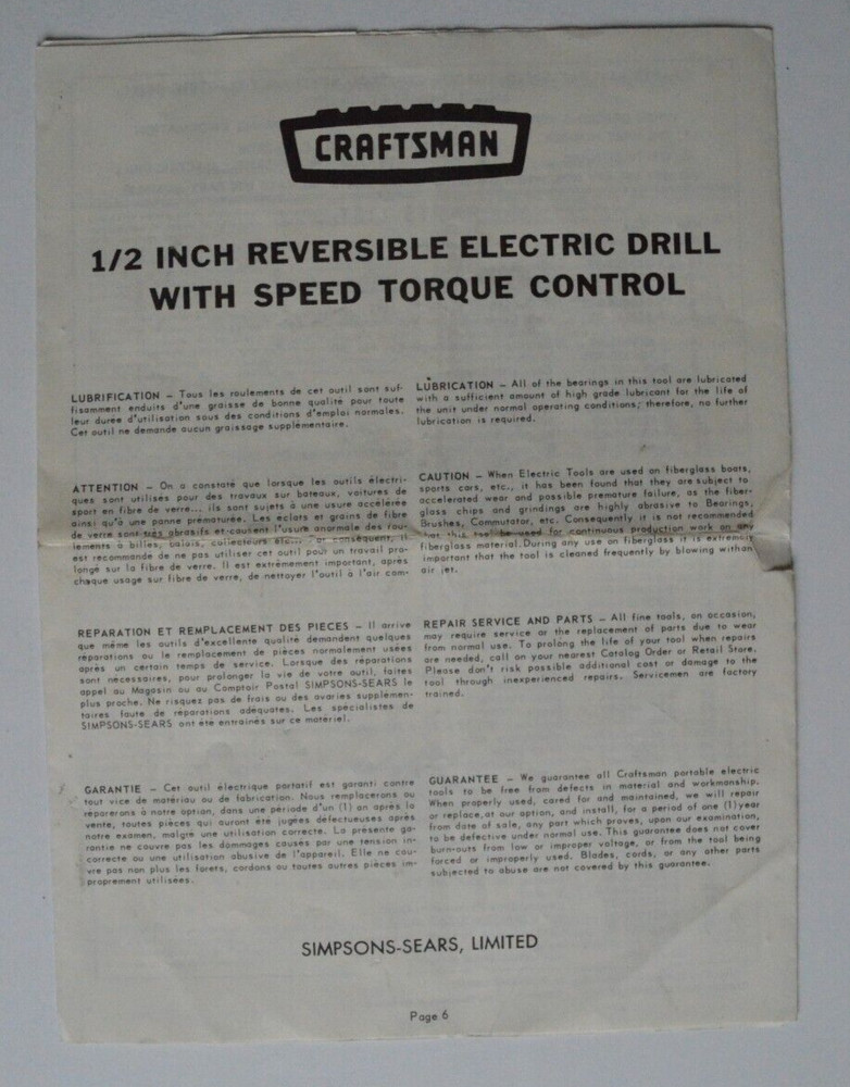 CRAFTSMAN Reversible Electric Drill Operating Instructions