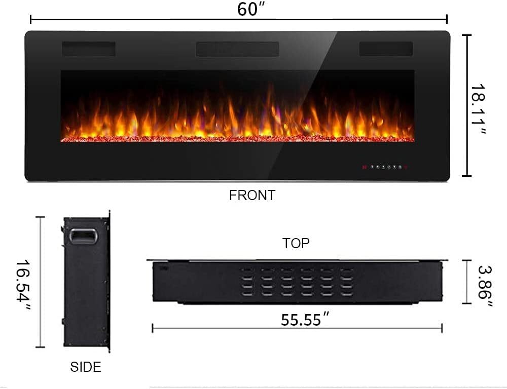 60 Inch Electric Fireplace in-Wall Recessed, Multicolor Flame, Timer, & Remote