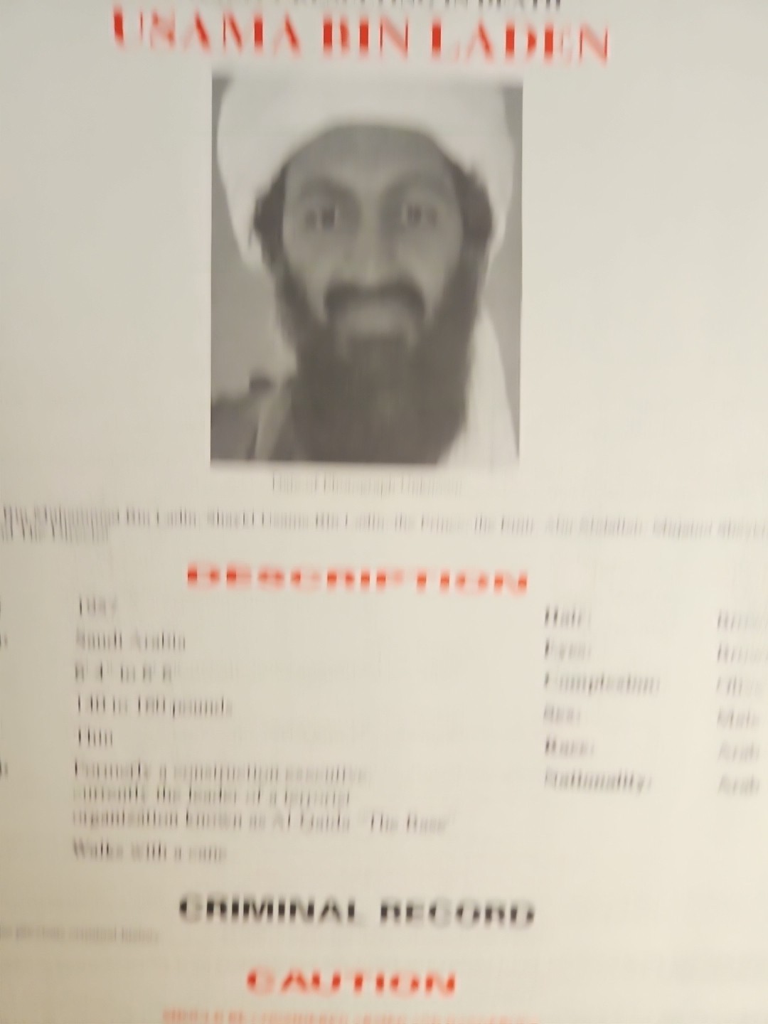 Original USAMA BIN LADEN FBI wanted Poster 3-29-99