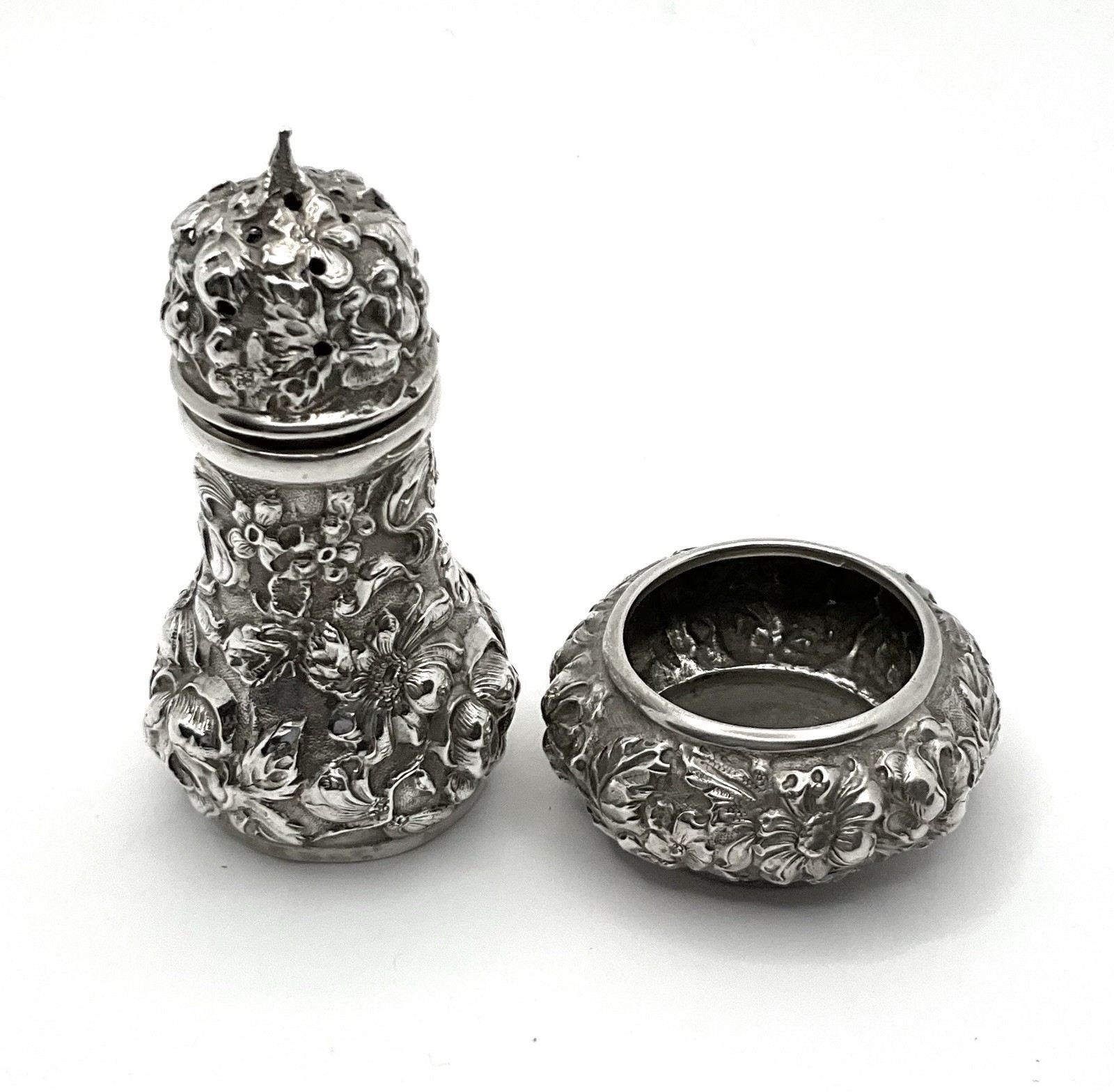 Antique Stieff Rose Repousse Sterling Silver Open Salt Cellar & Pepper C-1920