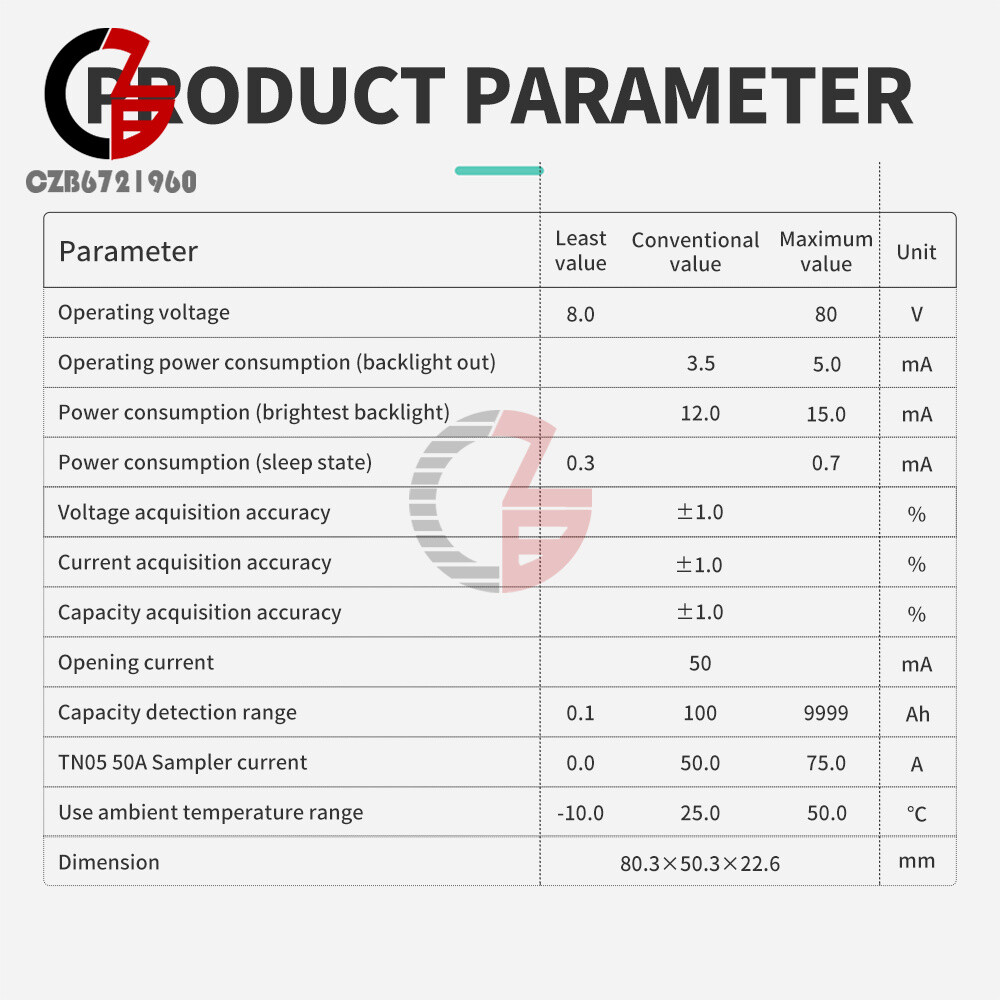 DC Voltage Current Power Meter Battery Power Indicator Built-in Sampler DC 8~80V