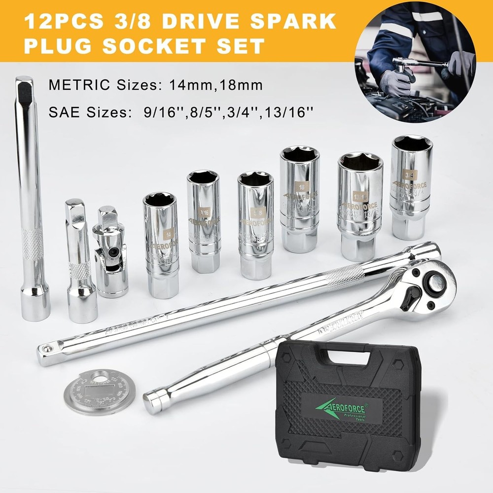 AEROFORCE 12PCS 3/8" Drive Spark Plug Socket Set with Ratchet Handle, Universal