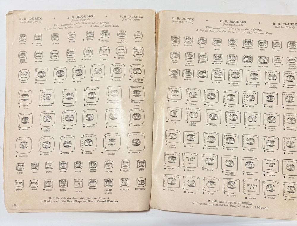 Vintage 1952 BB Watch Crystal Catalog Reference Guide