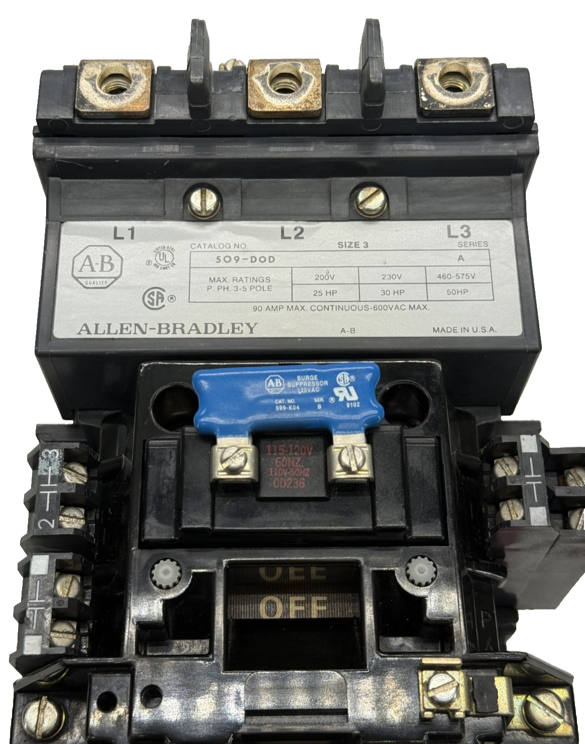 Allen Bradley 509-DOD /A Size 3 Motor Starter 120V Coil 90A 50HP