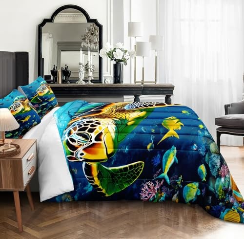 Ocean Turtle Comforter Set 4 Pcs Mediterranean Style Themed King Blue-06