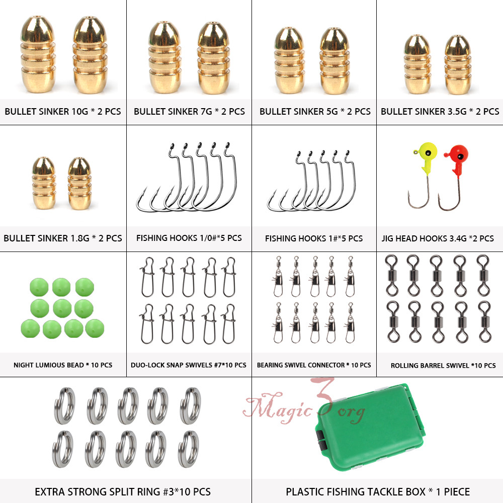 72pcs/Set Fishing Accessories Texas Rigs Tackle Box Solid Ring Swivels Hook Kits