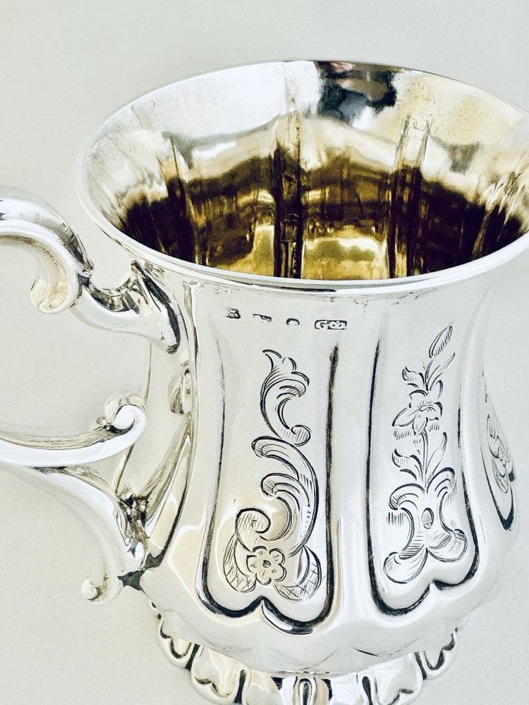 Antique Victorian Solid Sterling Silver Mug Scroll Handle Sheffield 1850