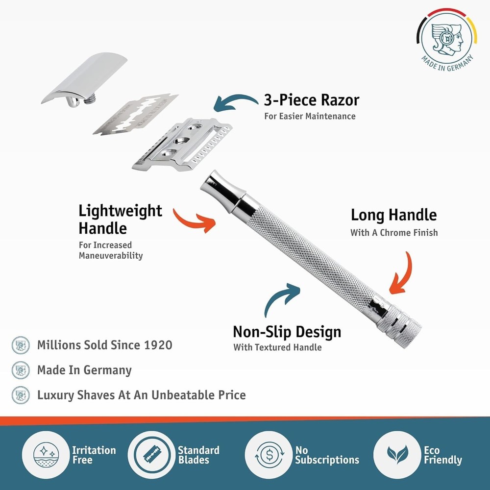 German-Made 23C Double Edge Razor - Smooth Shave with Closed Comb Precision