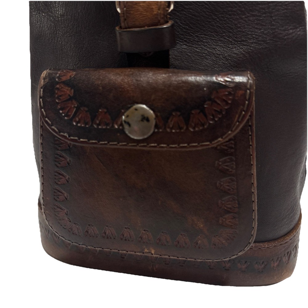 Handcrafted Leather Backpack - Embossed & Stitched Brown Drawstring Bag Vintage