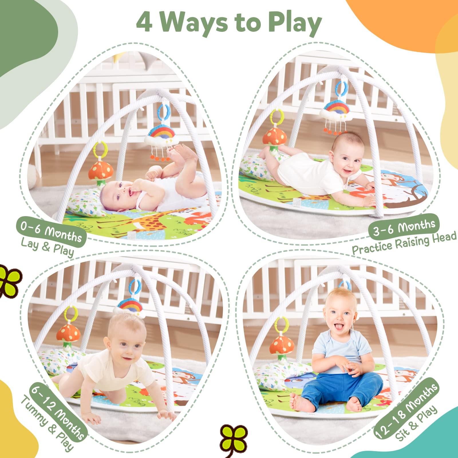 Baby Play Gym, ibabejoy Activity Play Mat for Newborn to Toddler, Stage-Based...