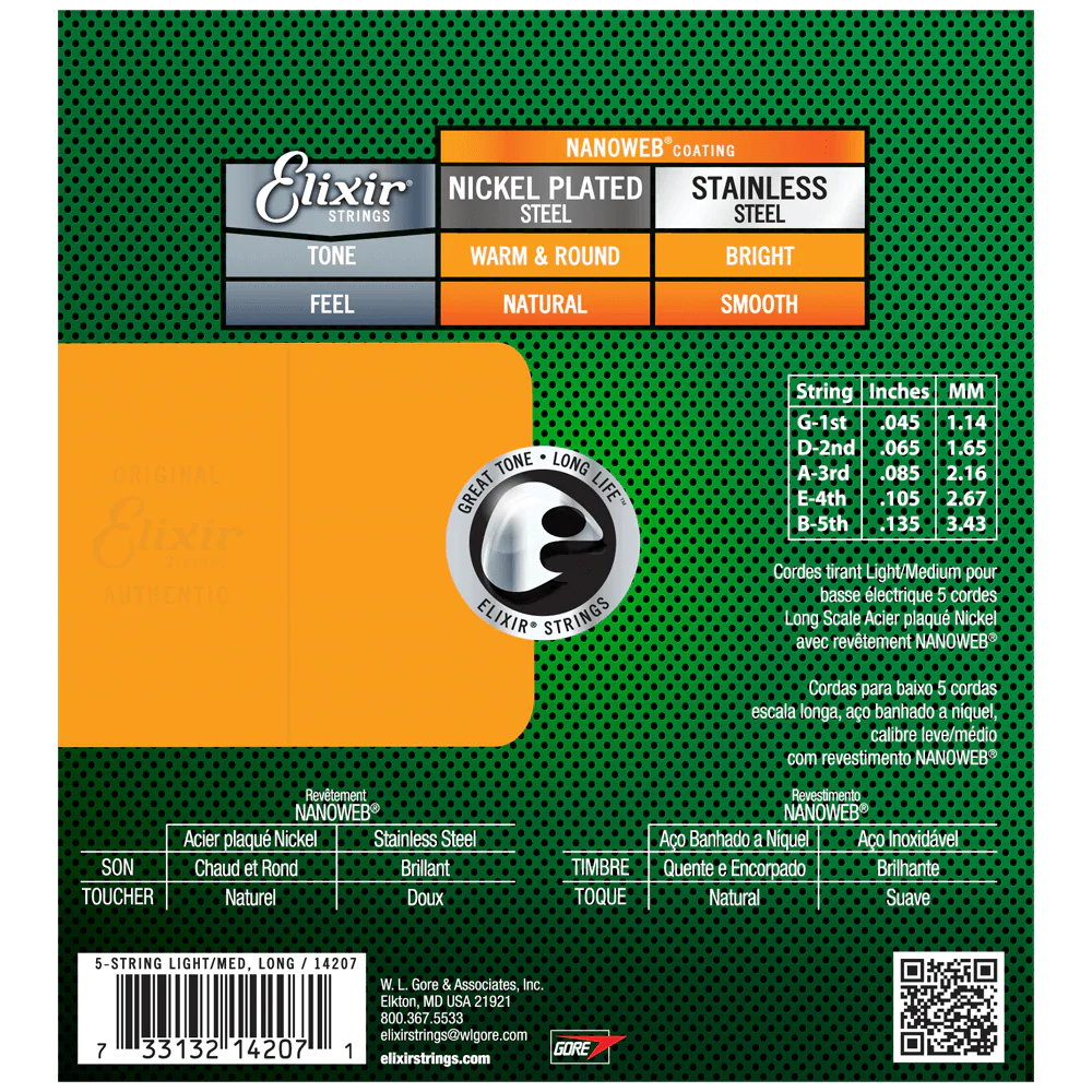 Elixir NANOWEB Nickel Bass — 5-String 14207 Light/Medium .045-.135