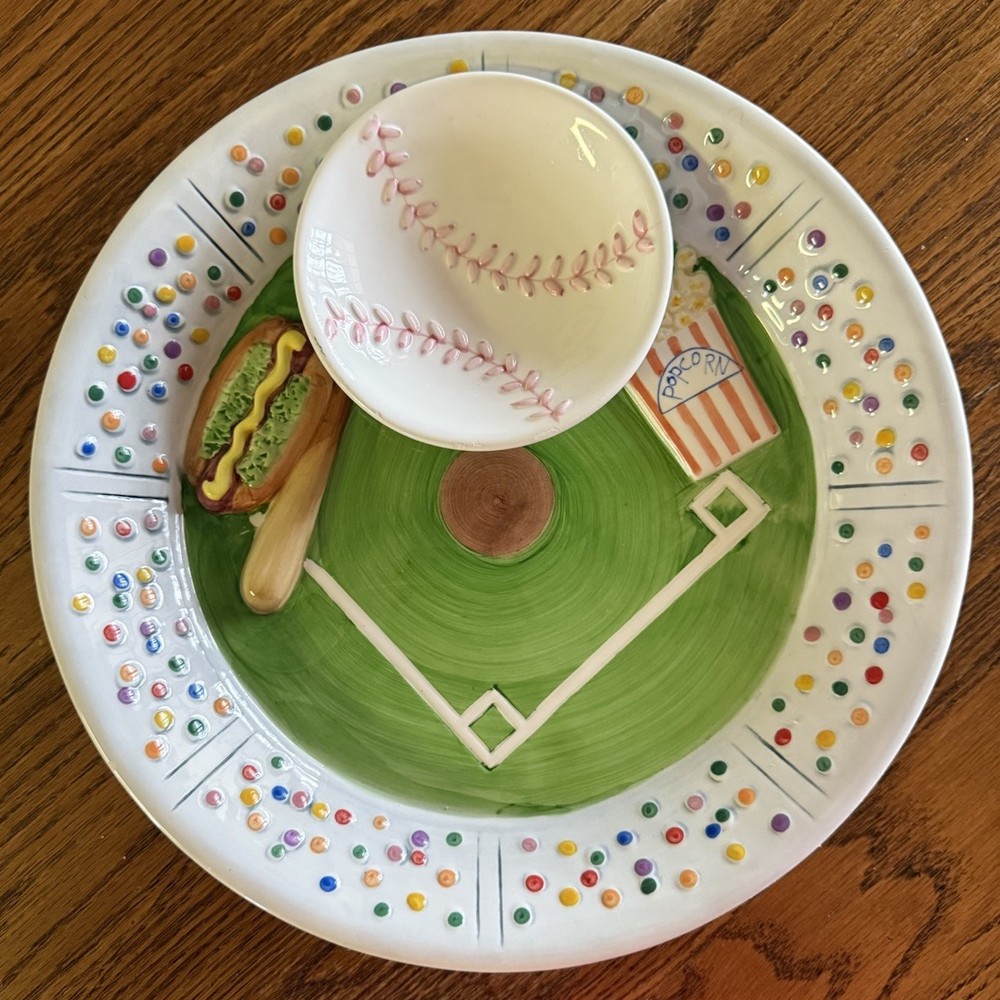 Baseball Stadium 3D Ceramic Chip and Dip Platter With Attached Bowl Serving Dish