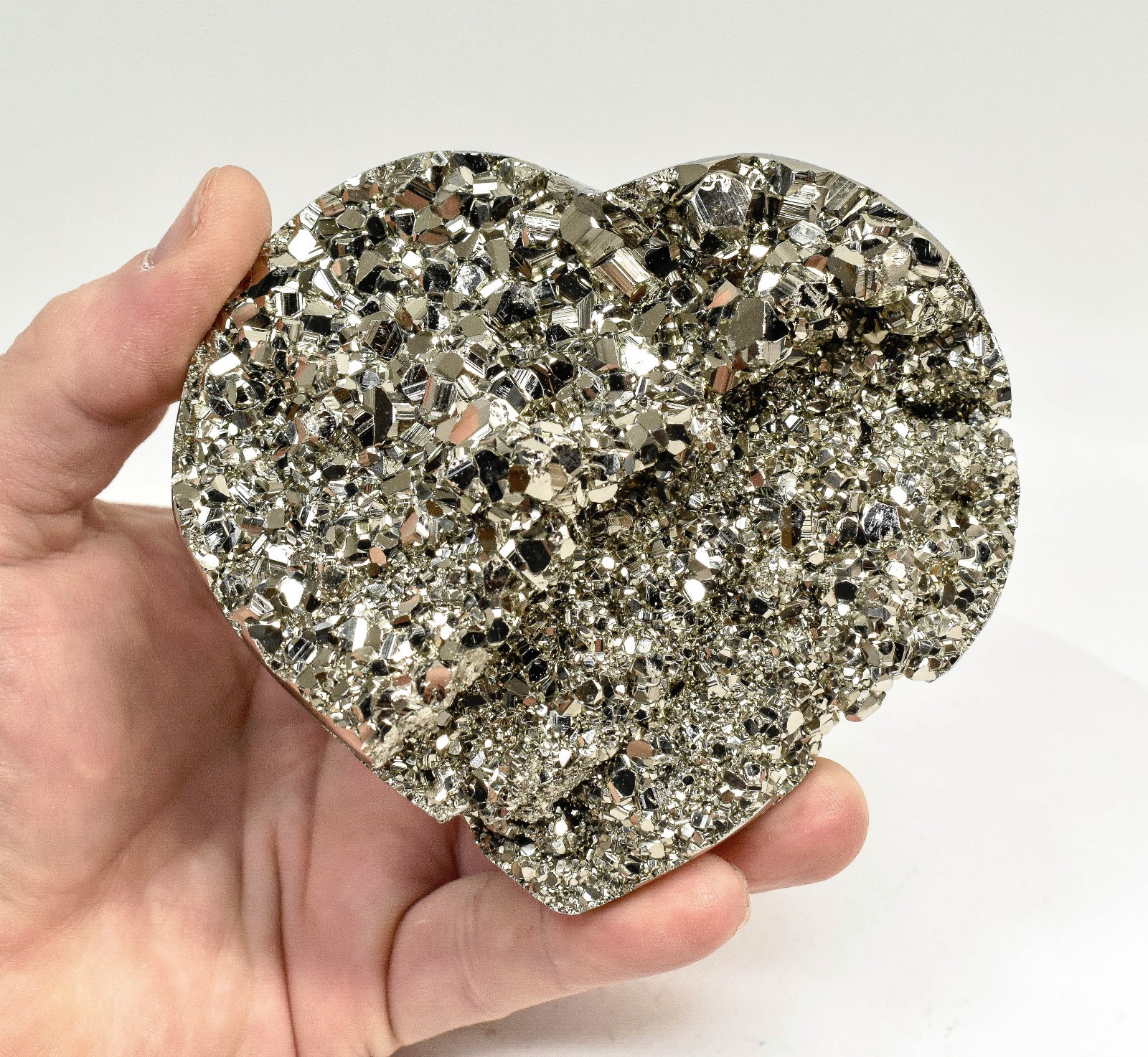 4.21" Polished PYRITE CRYSTAL HEART Carving Huanzala mine, Peru T707