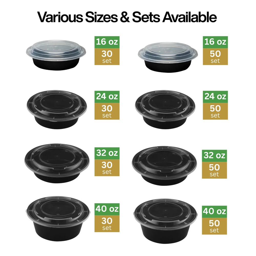 24oz Round Microwaveable Container with Lid, 150 Sets (50/6)
