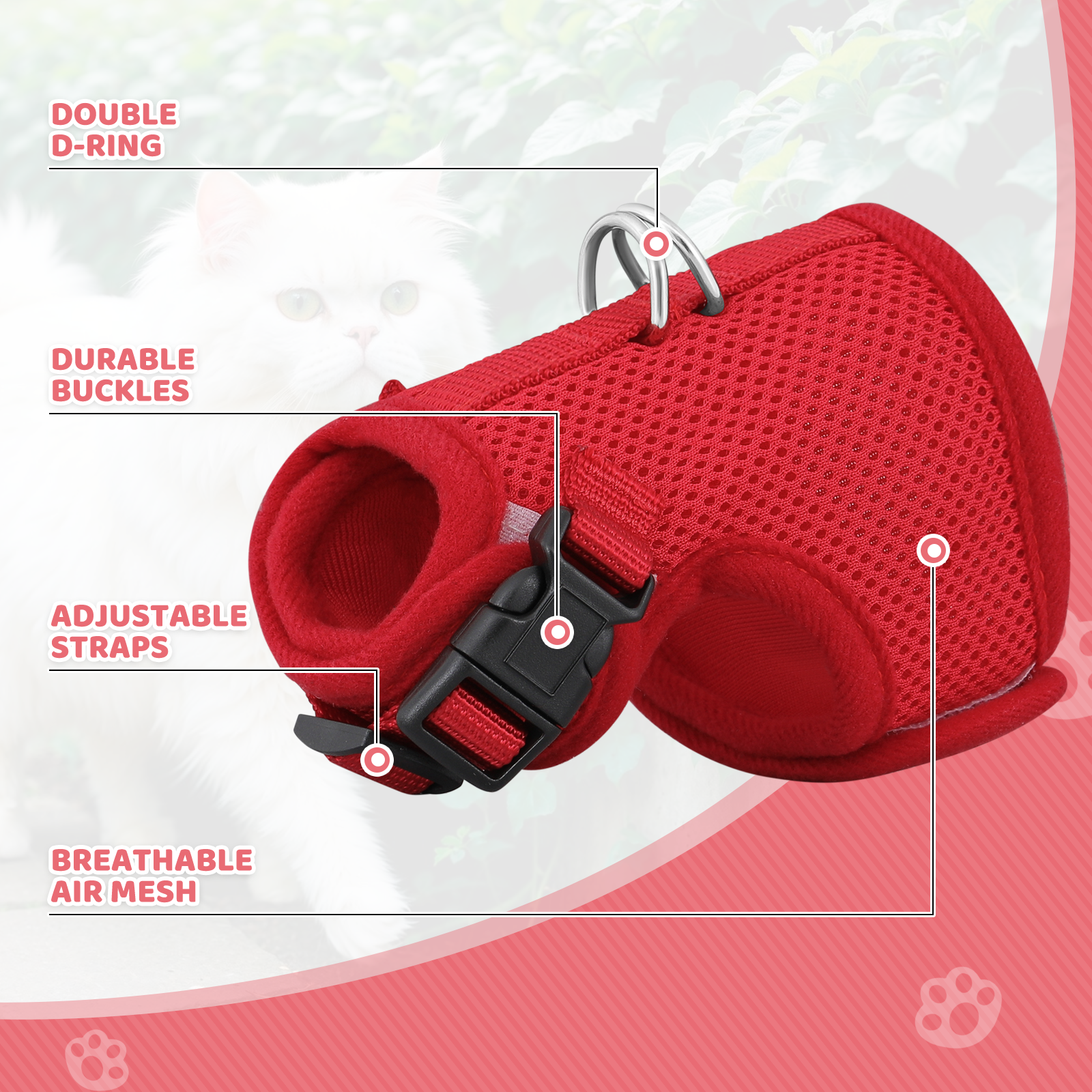Escape Proof Cat Pet Harness Breathable Mesh Adjustable Walking Kitten Chest Red