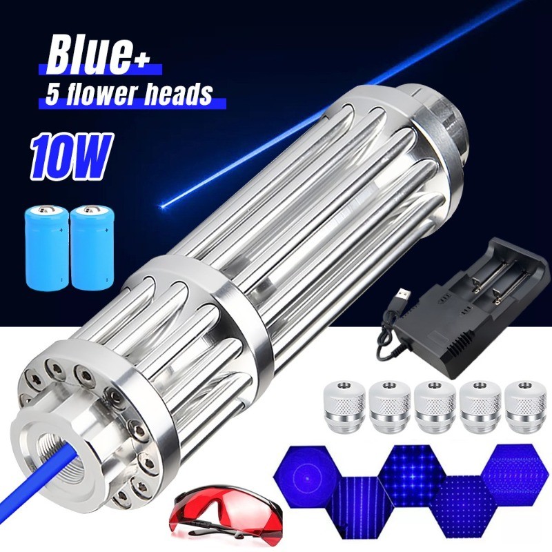 10Watt Adjustable Blue Burning Laser Pointer Visible Dot Torch Light 2 Battery