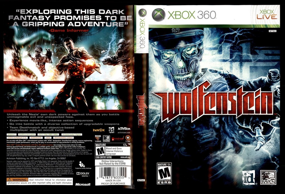 Wolfenstein Microsoft Xbox 360 Art Insert Only Used Condition No Game