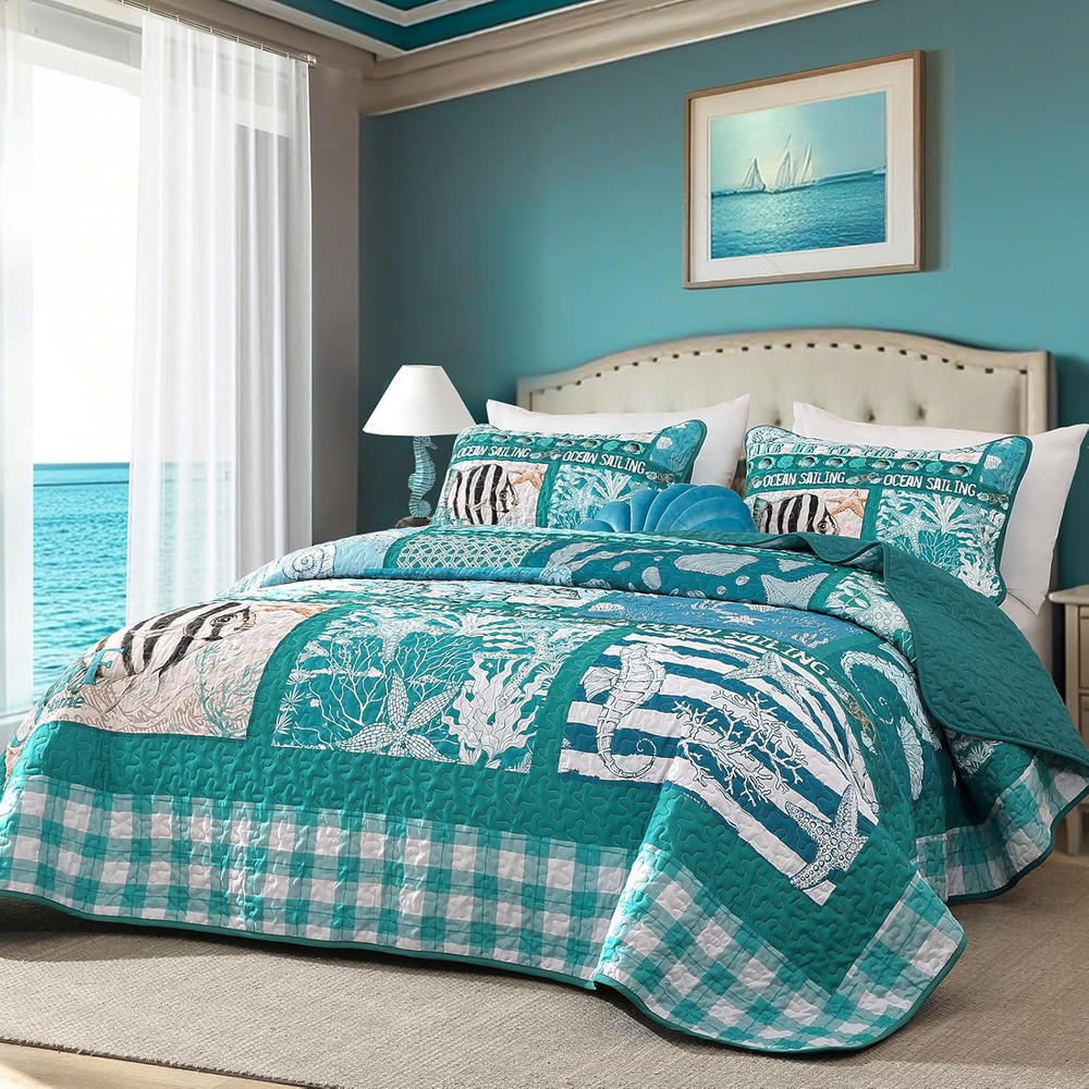Coastal King Size Quilt Set 3PC Reversible Lightweight Ocean Patchwork Bedspread