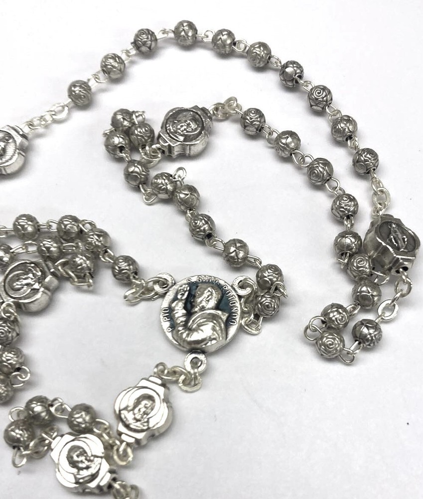 Padre Pio Rosary Beads & Rosary Box, Silver-Plated, Catholic Gift Made in Italy