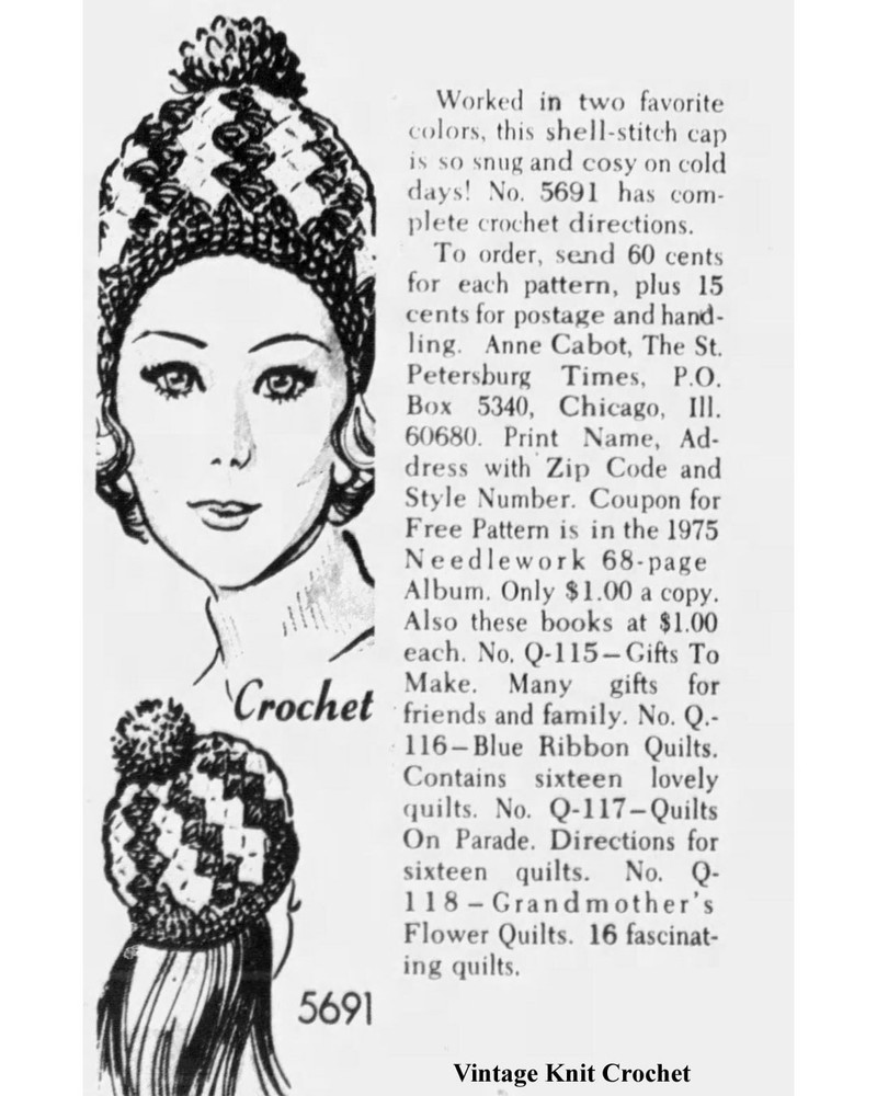 Vtg Crocheted Cap Hat Pattern, Two Tone Shell Stitch, Mail Order 5691