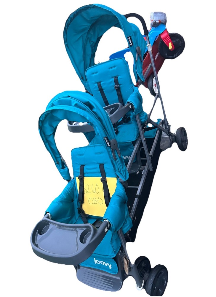 Joovy Double Stroller Blue Gray Folding Cup Holder Adjustable Back Rest