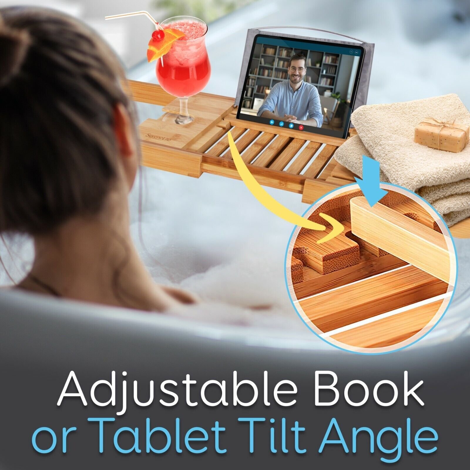 Luxury Bamboo Bathtub Caddy Tray - Adjustable Natural Wood Bath Tub Organizer