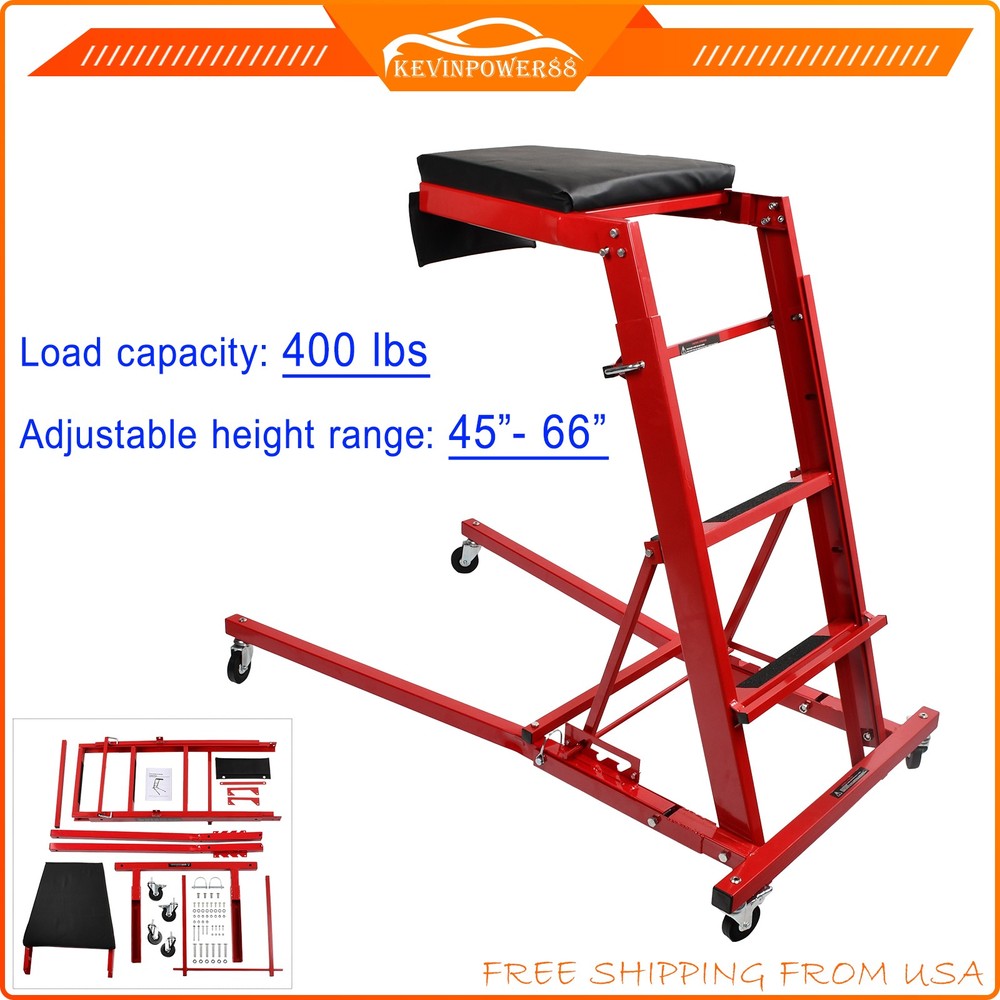 400Lbs Foldable Topside Creeper Adjustable Height 45-66" Movable Ladder w/Wheels