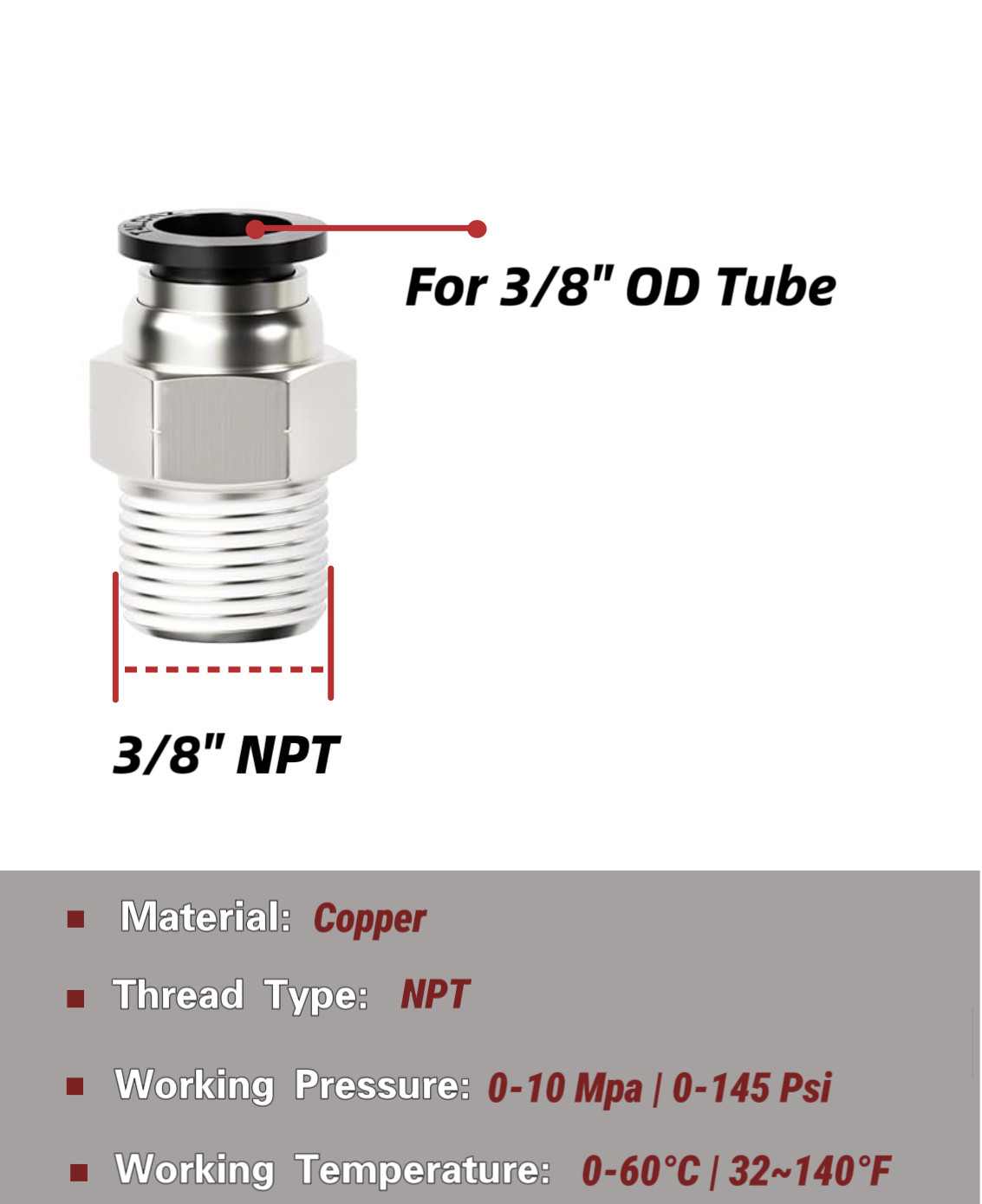 Push to Connect Hose Fitting Straight 3/8" Tube OD to 3/8" NPT Male Thread 10Pcs
