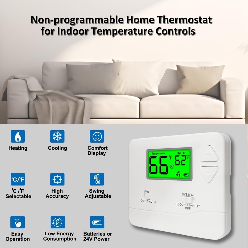 NonProgrammable Thermostat for House, Digital Energy-Saving Green