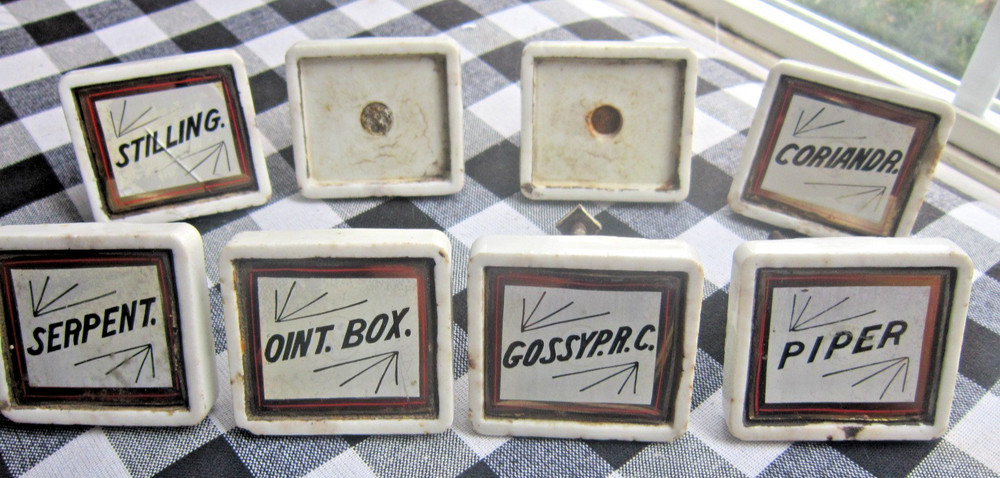 8 Apothecary DRAWER PULLS Knobs porcelain Label Under Glass Pharmacy Cabinet