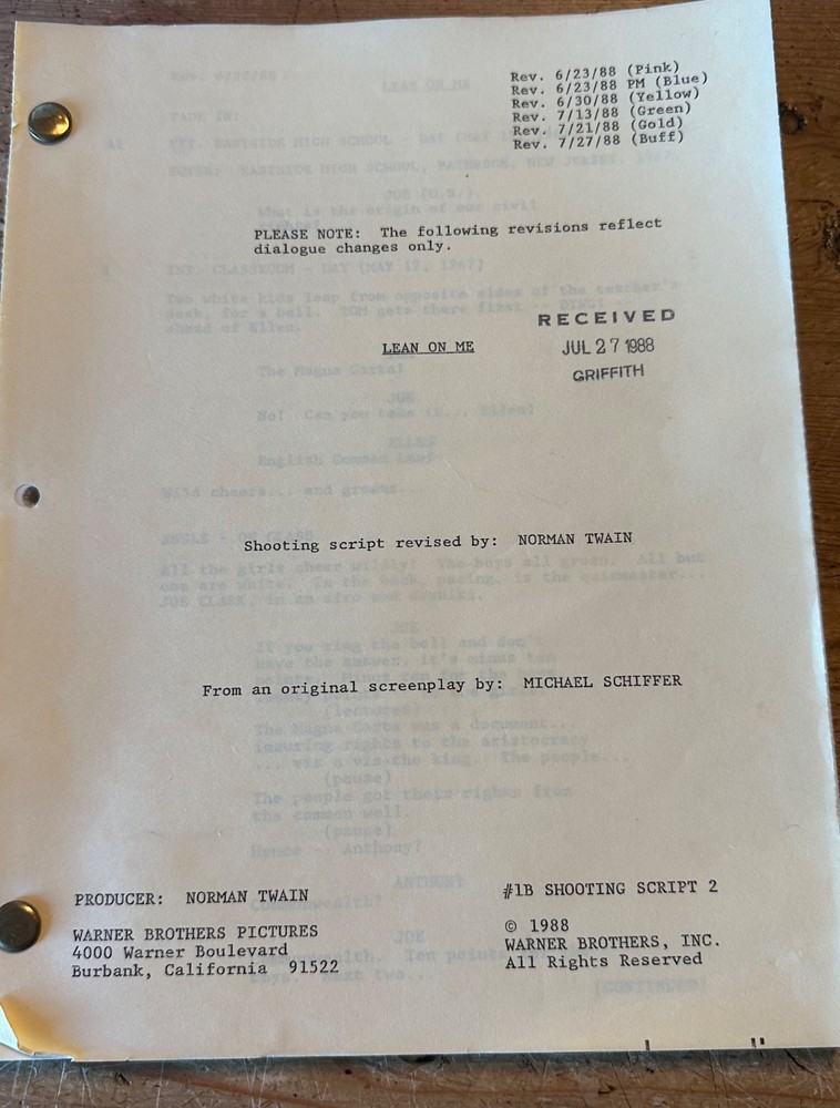 LEAN ON ME MOVIE ORIGINAL SCREENPLAY SCRIPT  MORGAN FREEMAN