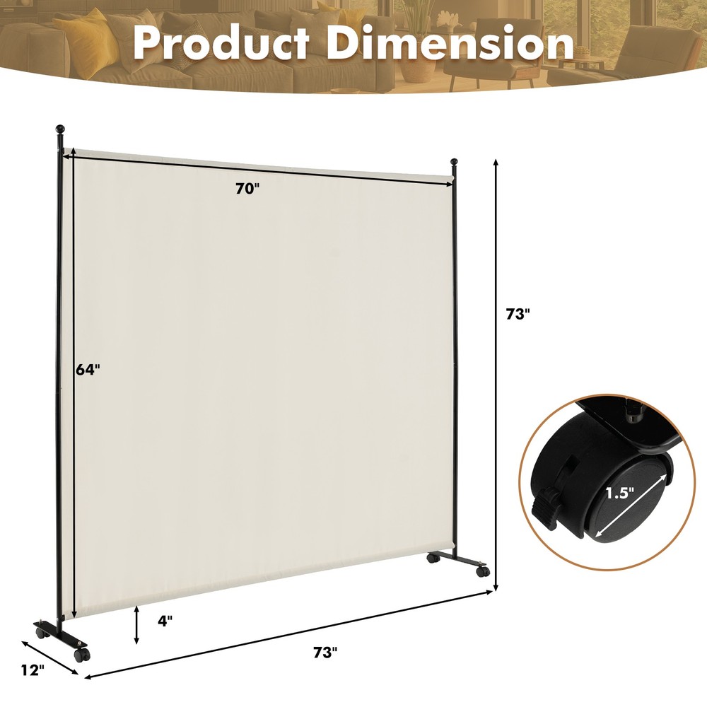 6' Single Panel Room Divider w/ Wheels Rolling Fabric Partition Privacy Screen