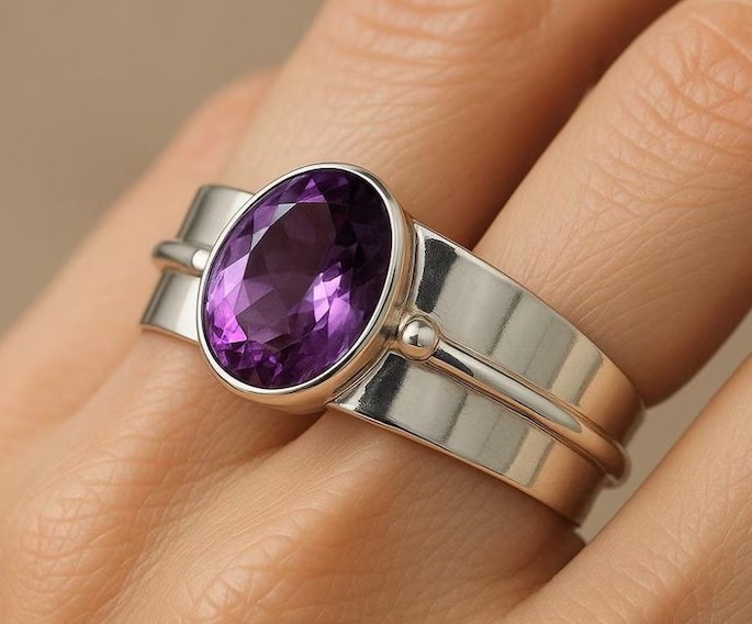 Solid 925 Sterling Silver Natural Amethyst Oval Gemstone Wide Band Handmade Ring