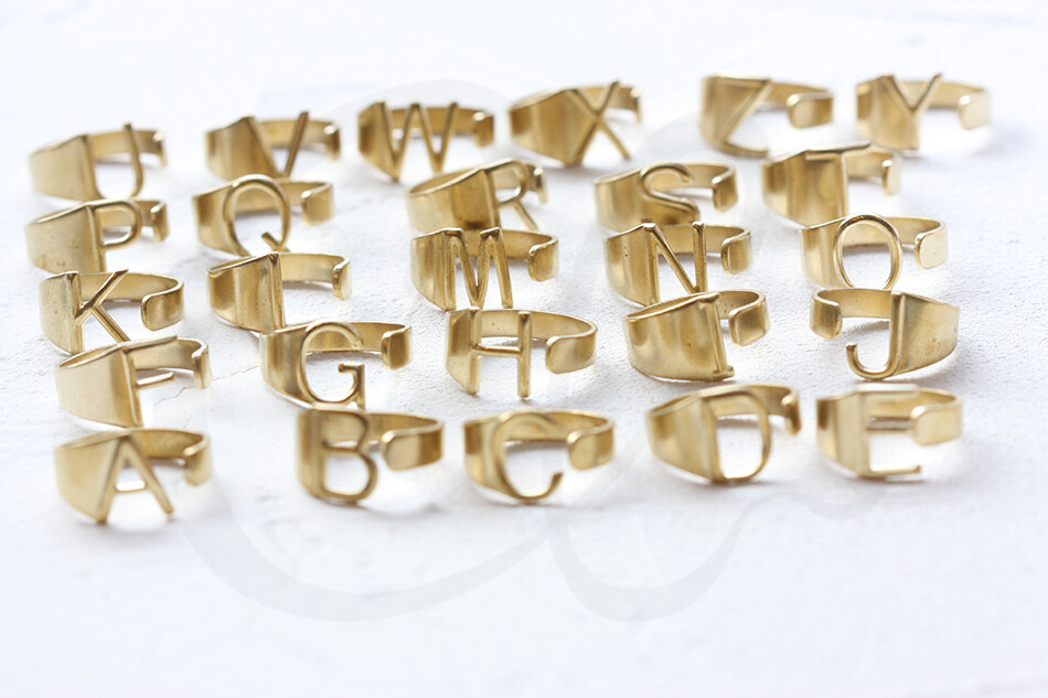 2 Pieces Solid Raw Brass Alphabet Finger Ring Base- Adjustable-Open End (4532C)
