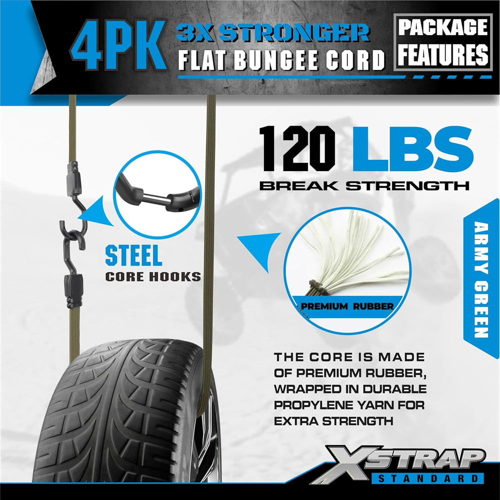 Premium 4PK 77" Heavy Duty Flat Bungee Cords with Hooks - Extra Long Elastic Str