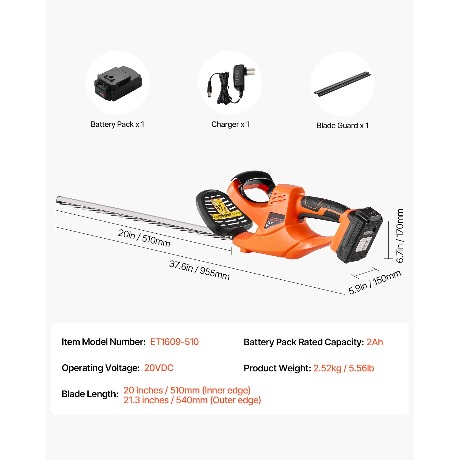 Cordless Electric Hedge Trimmer 20V Battery 20in Dual-Action Blade Bush Cutter