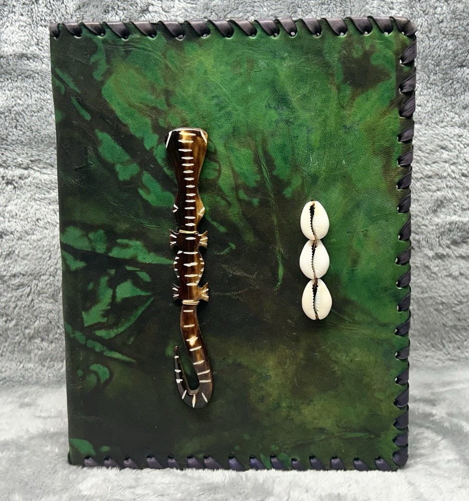 Handmade Leather Journal Cover 7x9 Green Boho Shell Tribal Notebook Diary
