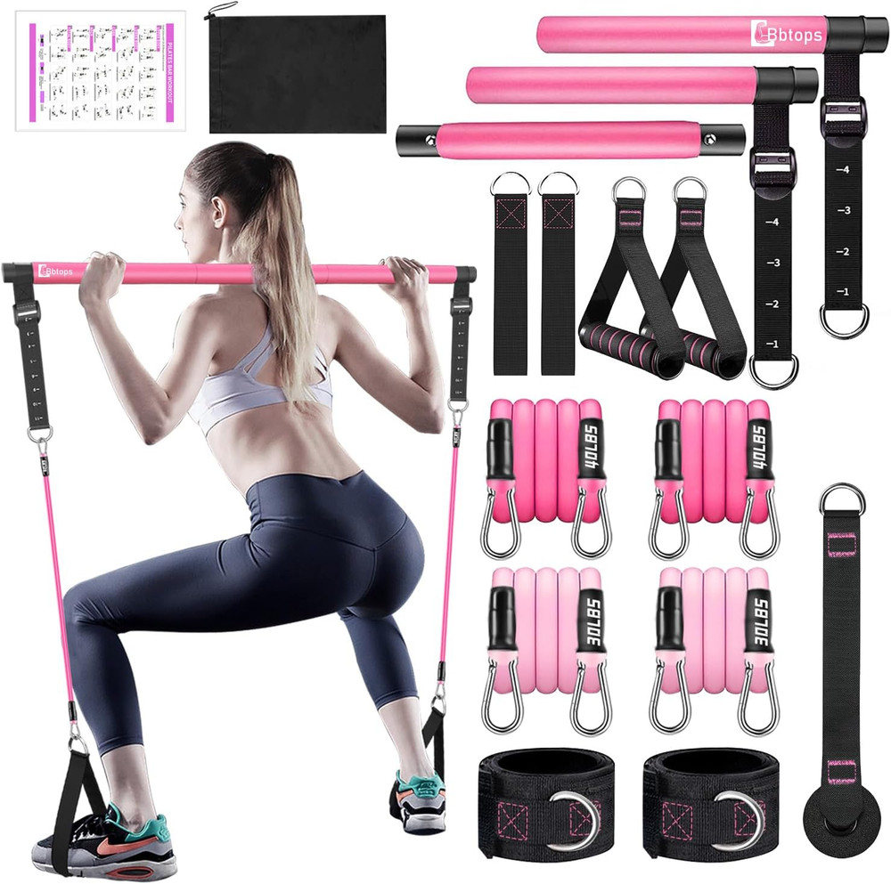 Pilates Bar Kit with Resistance Bands,Pilates Bar with Stackable Bands Workout E