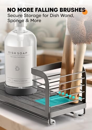 Kitchen Soap Dispenser Set with Grey Sink Caddy + Clear Bottle + Silver Pump