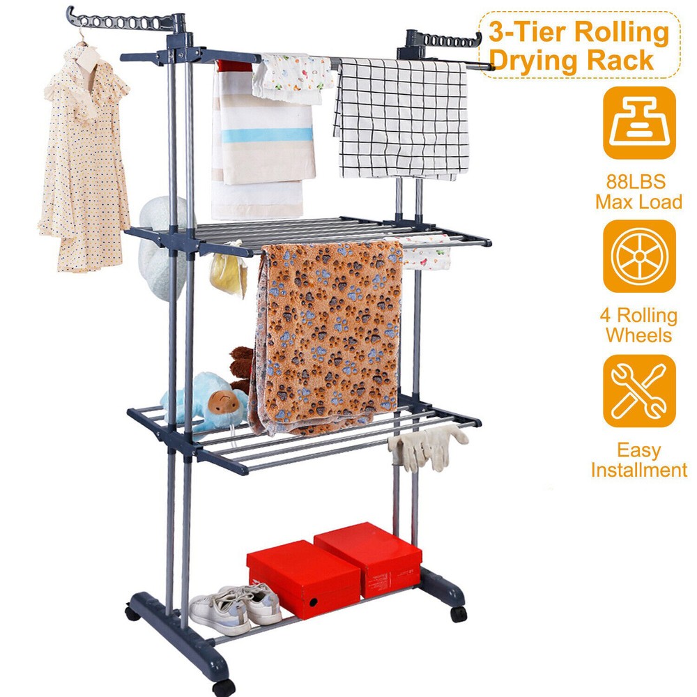 3 Tier Laundry Organizer Folding Drying Rack Clothes Rolling Hanger Stand Holder