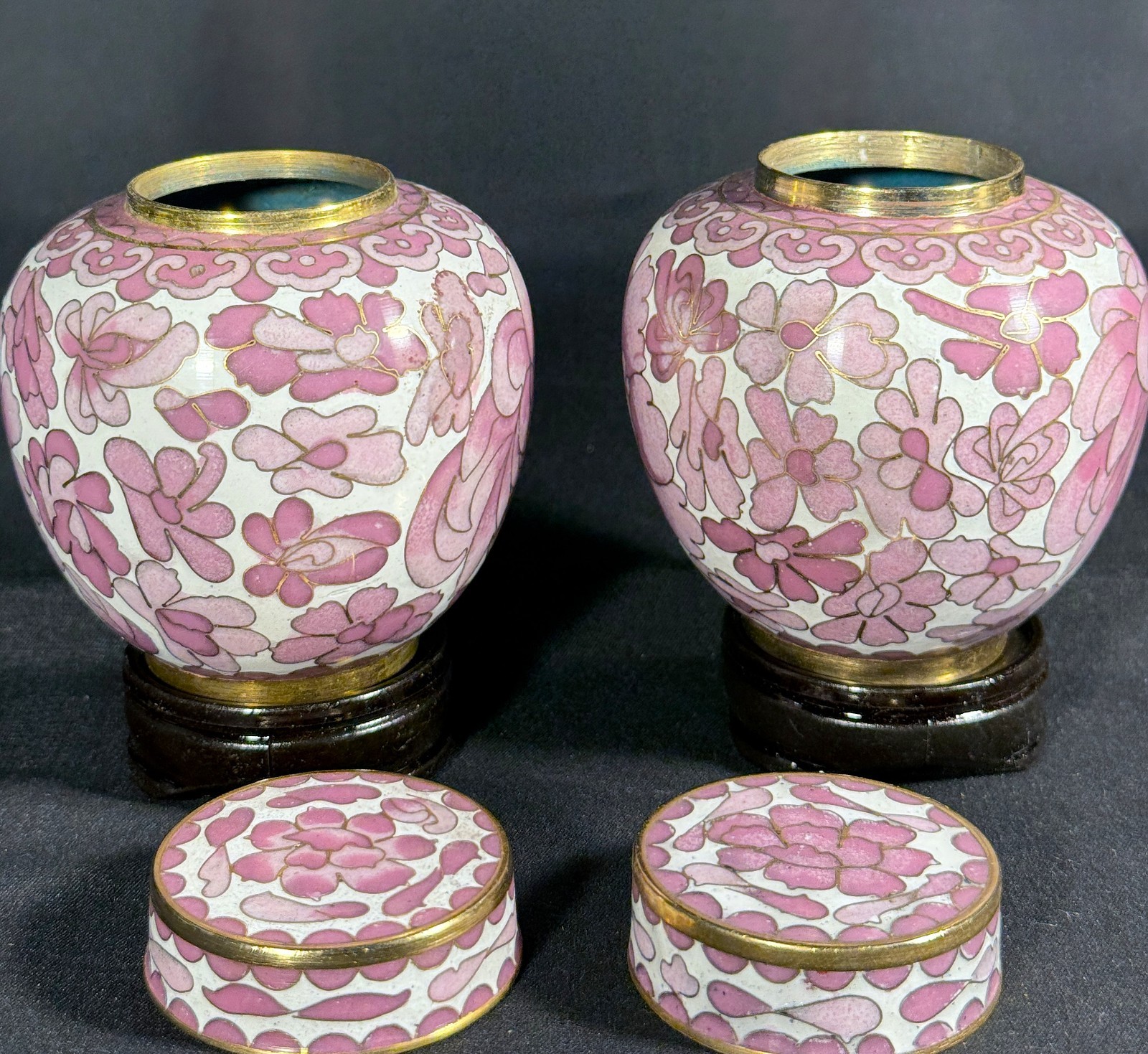 Vintage Cloisonné Mini Ginger Jar Pair Pink Floral w/ Lids Stands Box