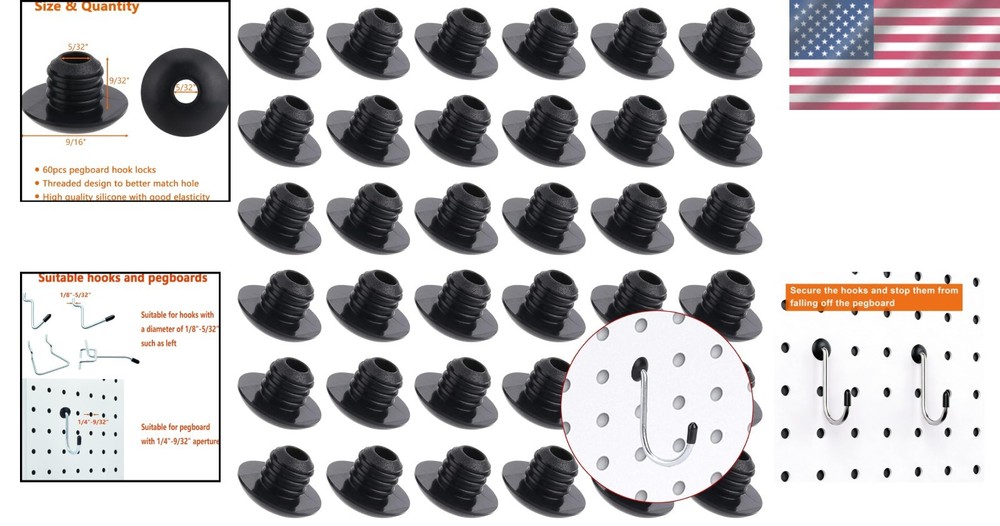 Pegboard Hook Locks, for Stopping Hooks from Falling Off, 60PCS, Black