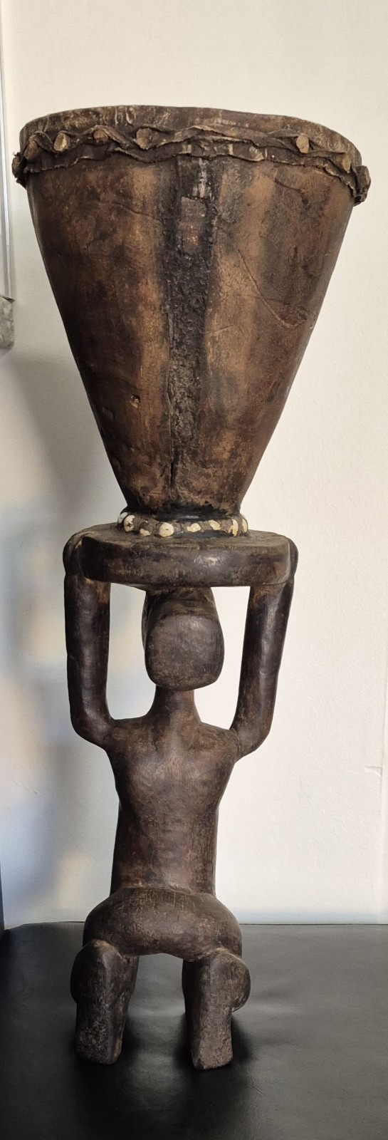 African Luba Female Wood Statue With Drum 21"H 7.5"W